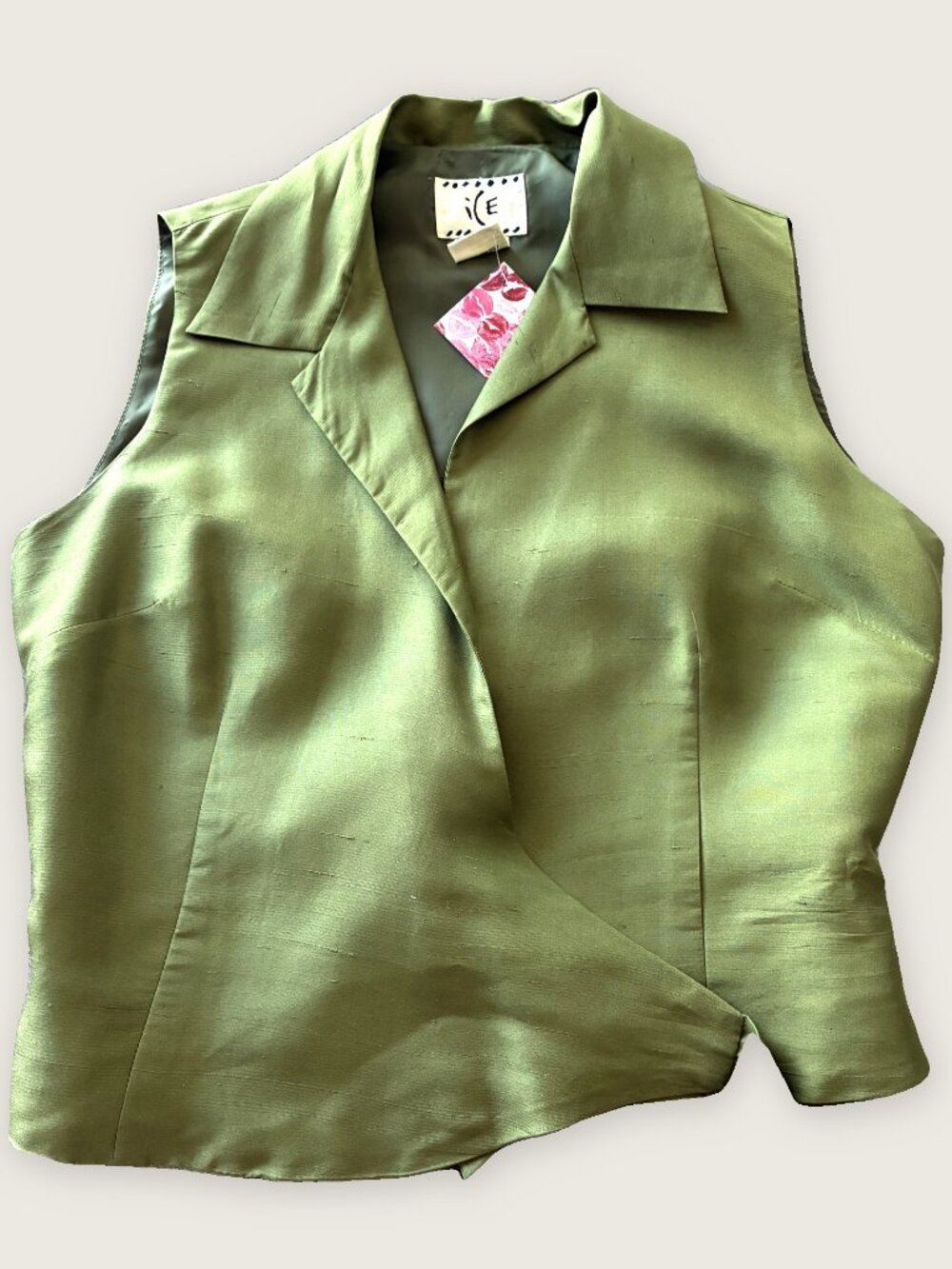 Vintage ICE Olive Green Silk Sleeveless Wrap Top S